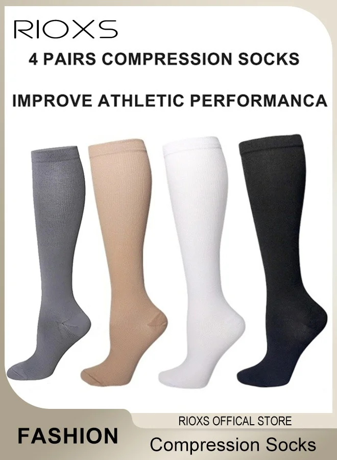 RIOXS High Compression Knee High Socks (4 Pairs, Unisex, Athletic Support for Travel and Recovery) slhan