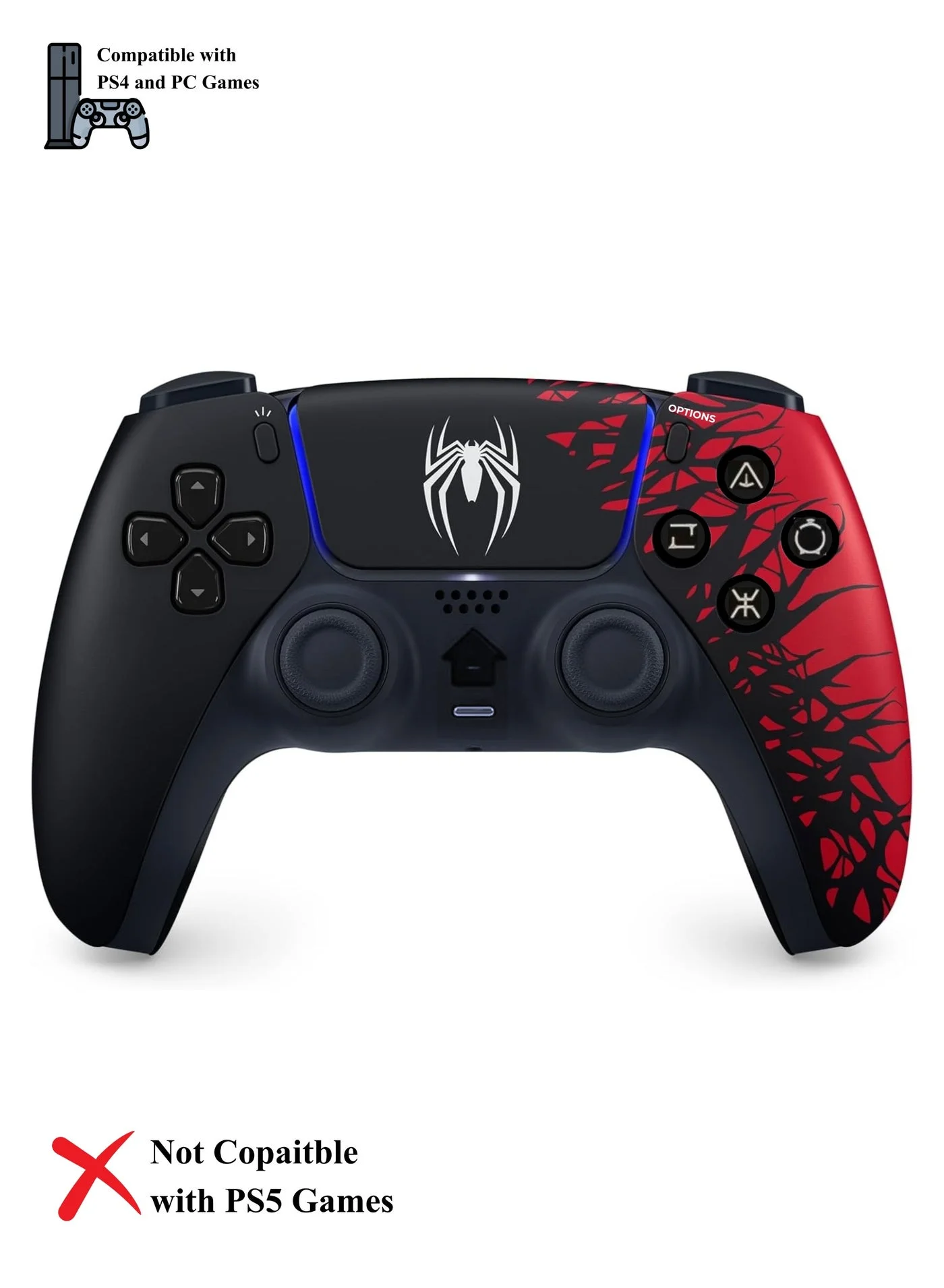 Sundi Wireless Gaming Controller for Console 4 Spider Print (Black & Red, 16 cm) 938ao