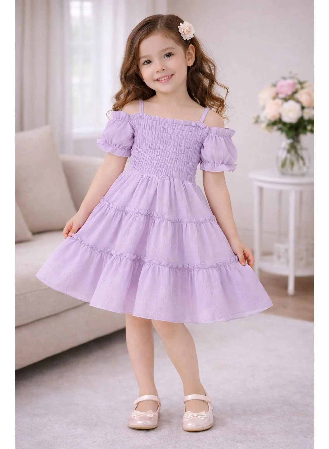 Smarties AE Girls Summer Dress Smocked Off-Shoulder Ruffle Puff Sleeve Cotton Casual Party Dress (Yellow, 2-4 Years) rmuq9