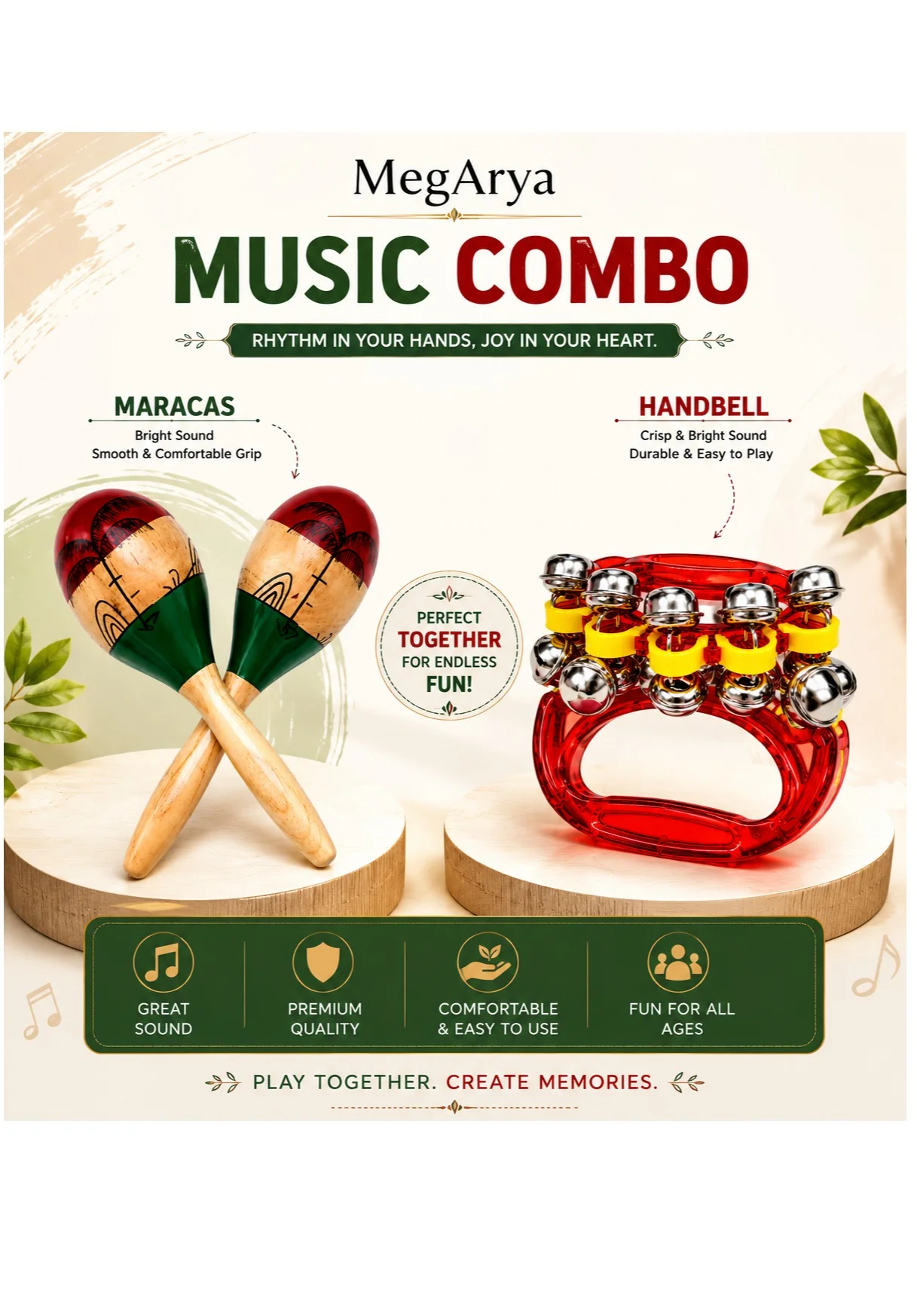 Megarya Wooden Maracas and Jingle Hand Bell Percussion Set (2-Piece Rhythm Musical Instrument Combo Pack) hkobq