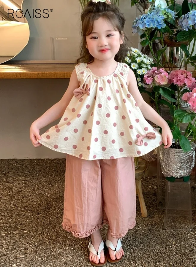 Roaiss Girls 2 Piece Outfit Set Sleeveless Dot-Print Camisole and Wide Leg Pants Summer Clothing (Multicolor, 120 cm) jxz6z
