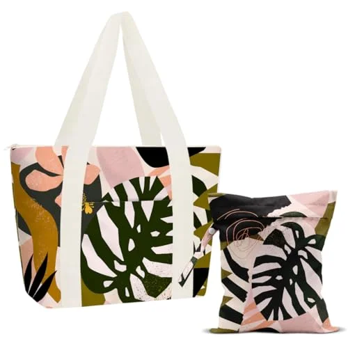 Premium Waterproof Beach Tote Bag for Women Palm Leaf Print Travel Vacation Essentials (Large) 98mav