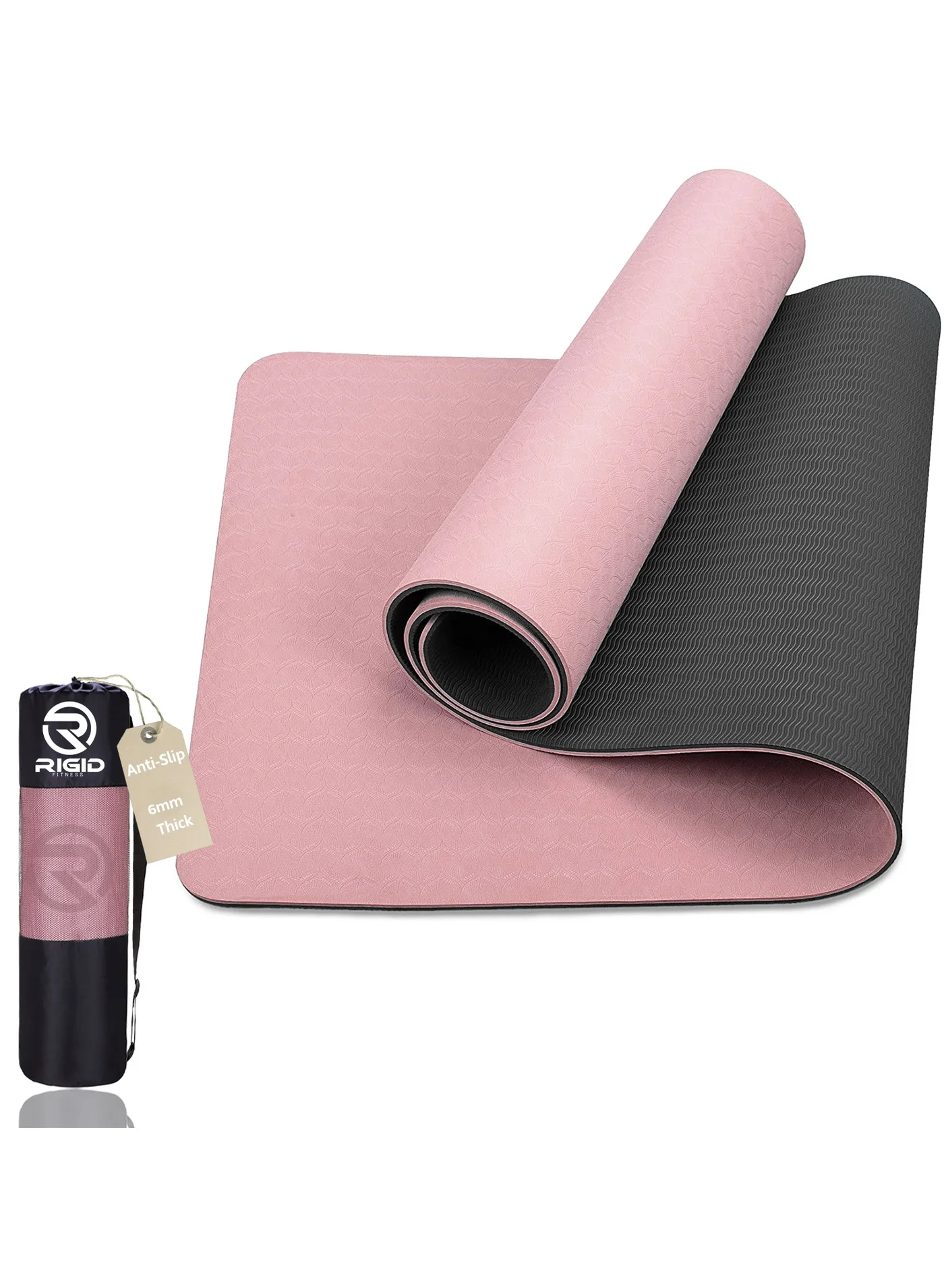 RIGID FITNESS Yoga Mat TPE Anti-Slip Exercise Mat with Carry Bag (Pink/Black, 183 x 66 x 0.6 cm) r87a8