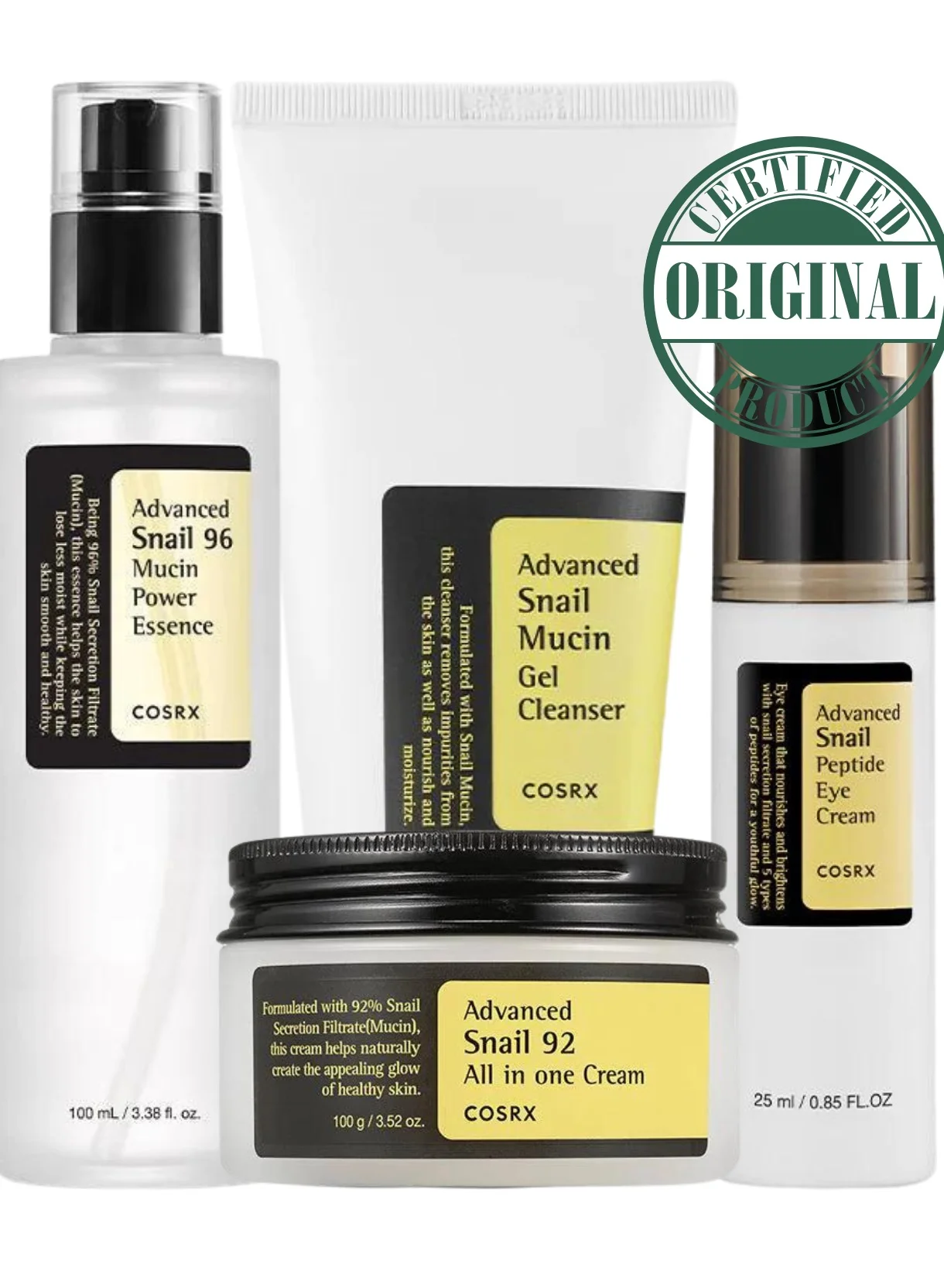 COSRX Snail Skincare Routine Set, Hydrating Essence, All-in-One Cream, Peptide Eye Cream, and Gel Cleanser (375 mL) mwn66