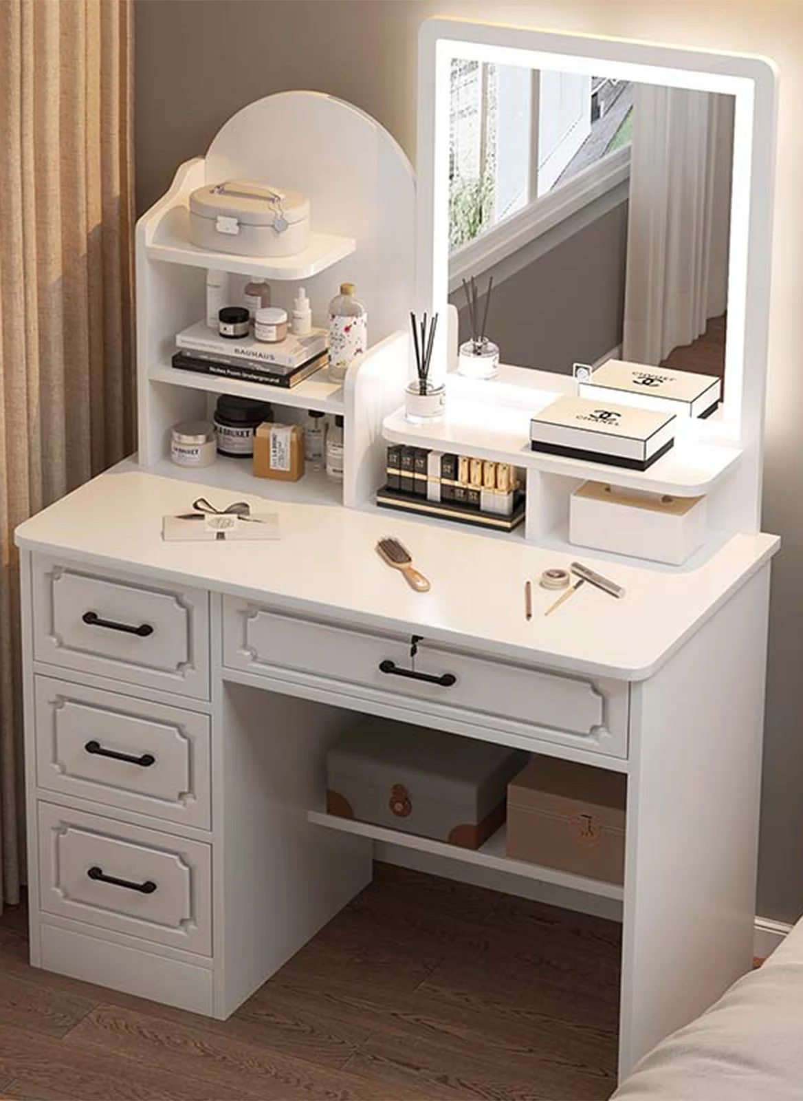 Modern Minimalist Dressing Table with LED Mirror and Drawer Storage (80x40x137cm) yruqu