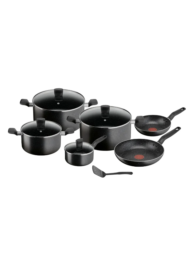 Premium Non-Stick Cookware Set 11-Piece Aluminum Kitchen Pots and Pans with Heat Indicator and Glass Lids (Black, 11-Piece) qqvks
