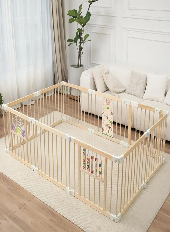 Ulnxiy Wooden Baby Playpen with Montessori Toys, 10-Panel Foldable Activity Center, Natural Pine Wood Safety Fence for Toddlers (213 cm x 142 cm) kq1i3