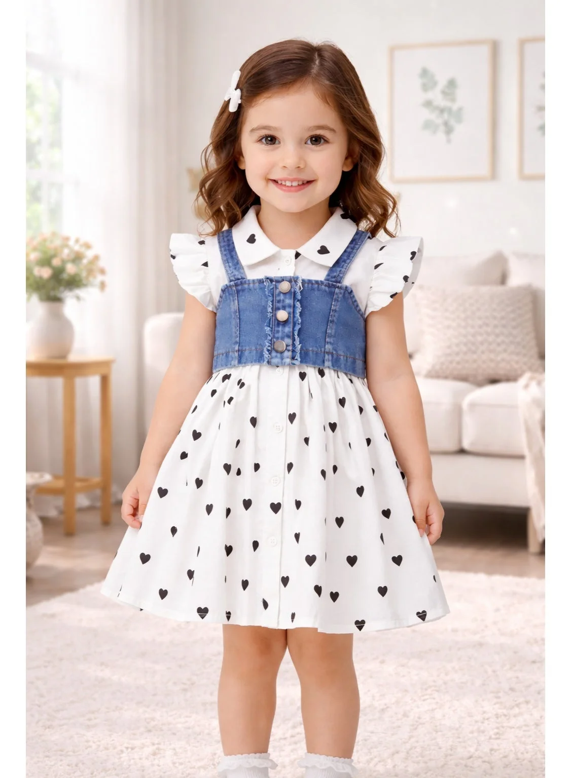 Smarties AE Girls Denim Layered Heart Print Dress Premium Cotton Casual Party Outfit (Blue, 4-5 Years) 97rgj