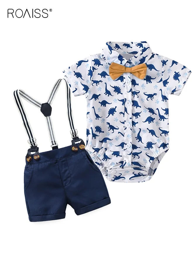 Roaiss 3-Piece Gentleman Formal Outfit for Toddler Boys, Short Sleeve Romper with Suspender Pants and Bow Tie (Summer Wedding Ceremony Set) uy69i