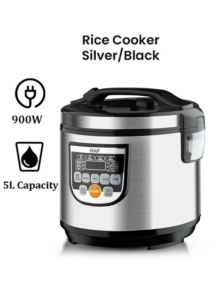 RAF Electric Rice Cooker 900W Multi-Function Stainless Steel Kitchen Appliance (Silver, 5L) 9uncw