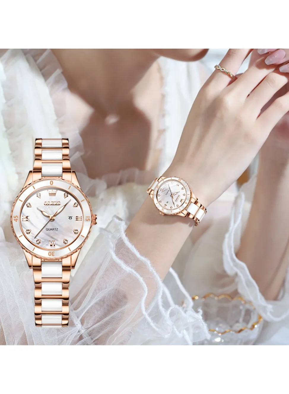 OLEVS Ladies Slim Ceramic Watch Iridescent Mother-of-Pearl Dial Luminous Calendar Waterproof Wristwatch (32mm) iijp4