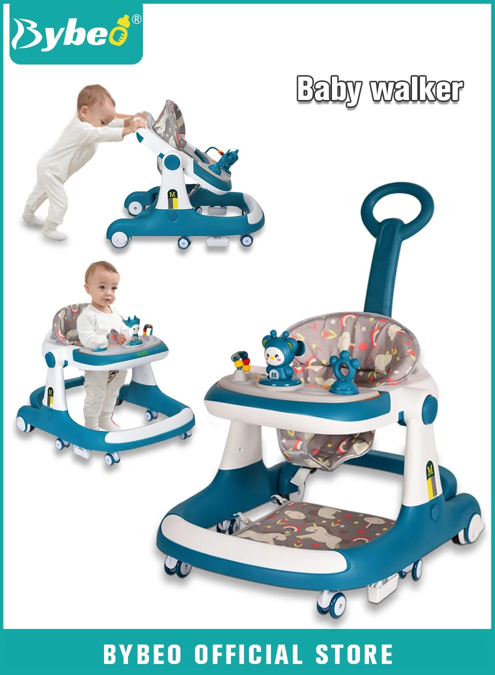 Bybeo 3-in-1 Baby Walker with Parent Push Handle and Adjustable Height (Comfortable Seat Cushion, For Infants and Toddlers) fi8gj