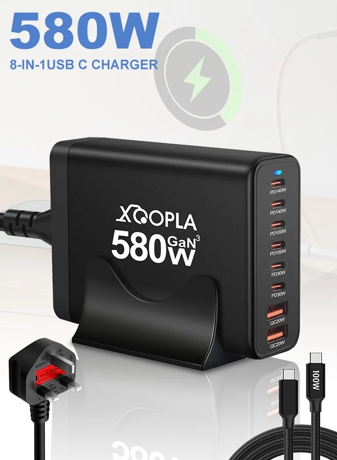 Xoopla 580W Fast Charging Station 8-Port USB-C Power Adapter with GaN Technology and 100W PD Cable (Black, 1 Unit) o7zgf