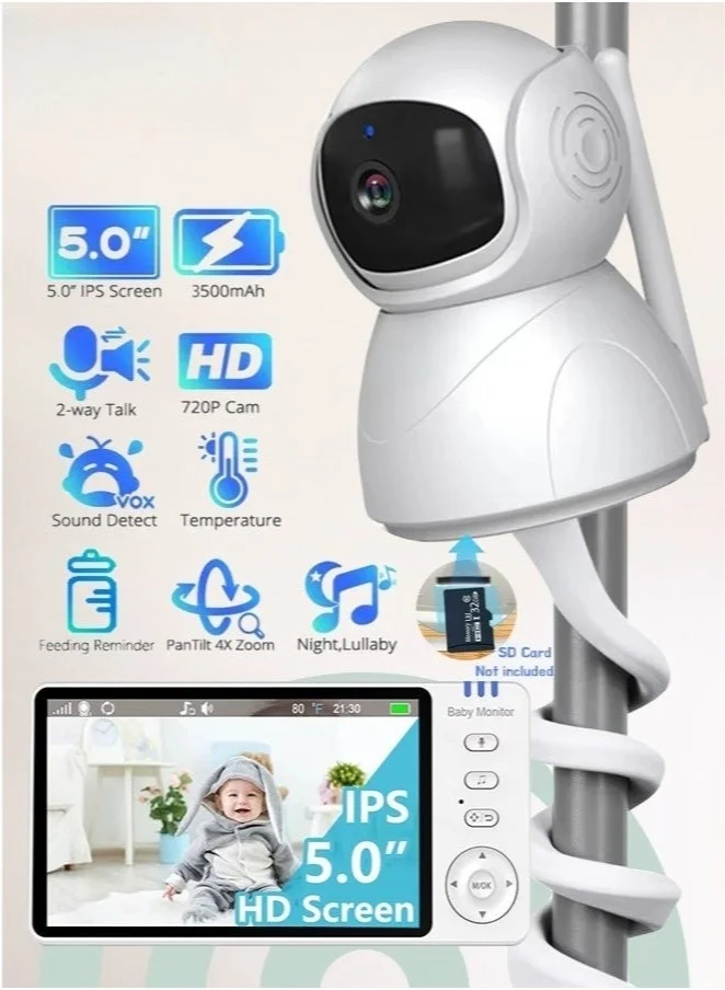 WALALLA Baby Monitor 5-inch HD Video Camera with Night Vision Two-Way Audio and Temperature Sensor (White, 5 inch) hptkq