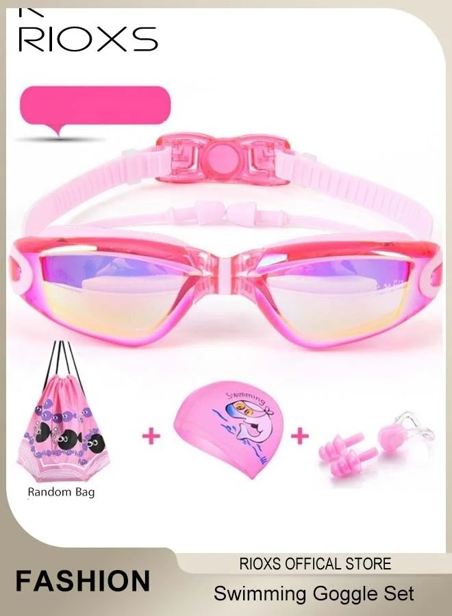 RIOXS Girls Swimming Goggle Set with Swim Cap and Accessories (Pink, 4 Pcs) UV Protection Anti-Fog Gear for Kids qyo3k