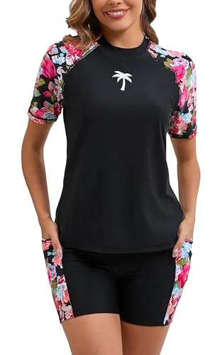 Premium Two Piece Rash Guard Swim Set with Padded Swim Shirt and Boyshorts (Black, S) jch1n