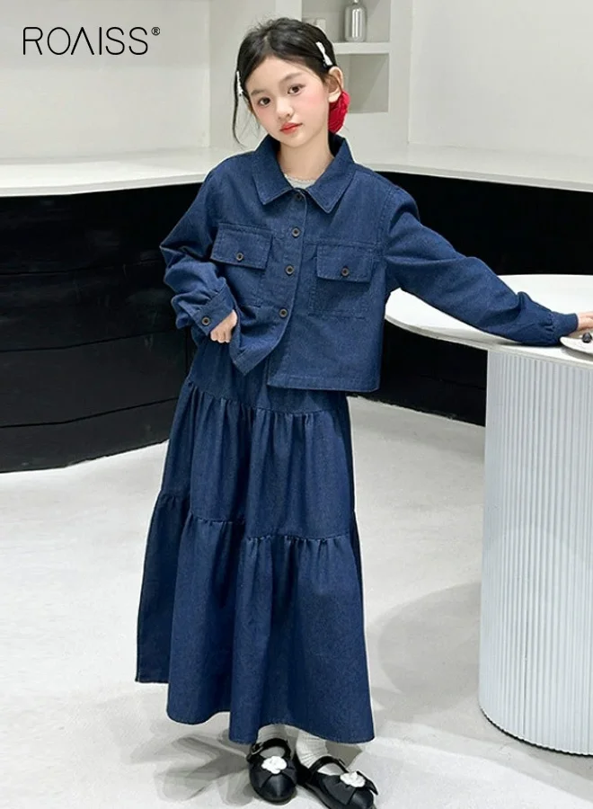 Roaiss Girls Denim Jacket and Maxi Skirt Set (2-Piece Outfit, Premium Cotton Blend, Kids Casual Wear) a2m3b