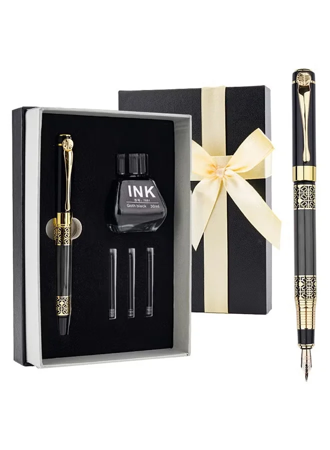 BiuTFon Luxury Fountain Pen Set, Metal Calligraphy Writing Pen with 30ml Ink and Cartridges (Black, 0.5mm) daqua