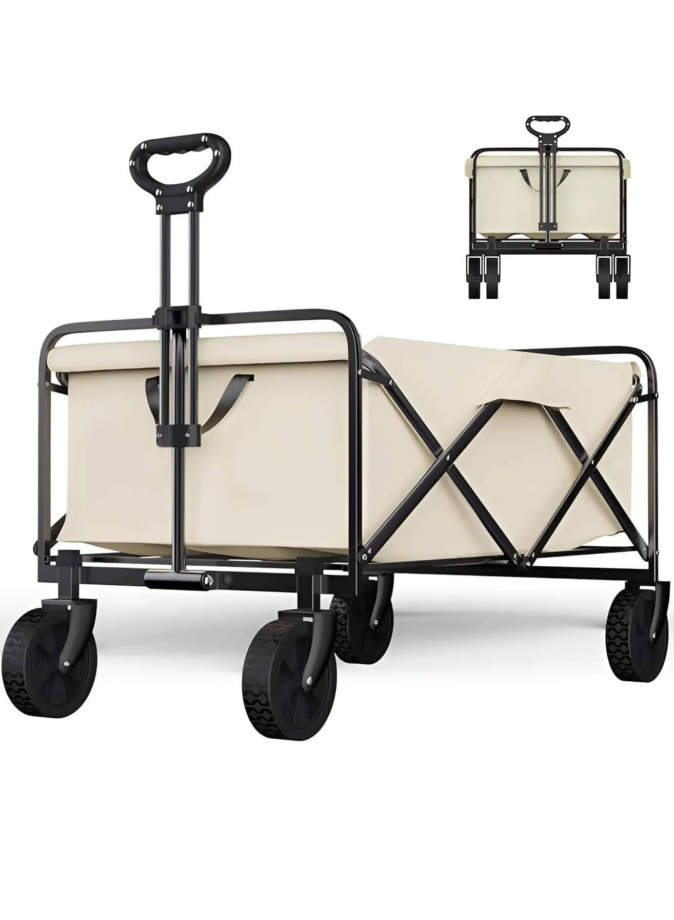 Premium Folding Outdoor Utility Wagon with Adjustable Handle and Storage Basket (Beige, 90cm x 50cm x 60cm) 37aot