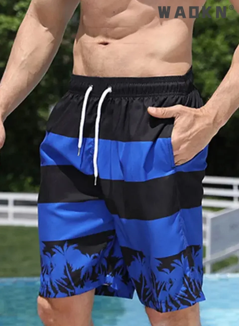 WAOKN Men's Swim Trunks Quick Dry Board Shorts with Pockets and Elastic Waistband (Black, Large) 08m5a