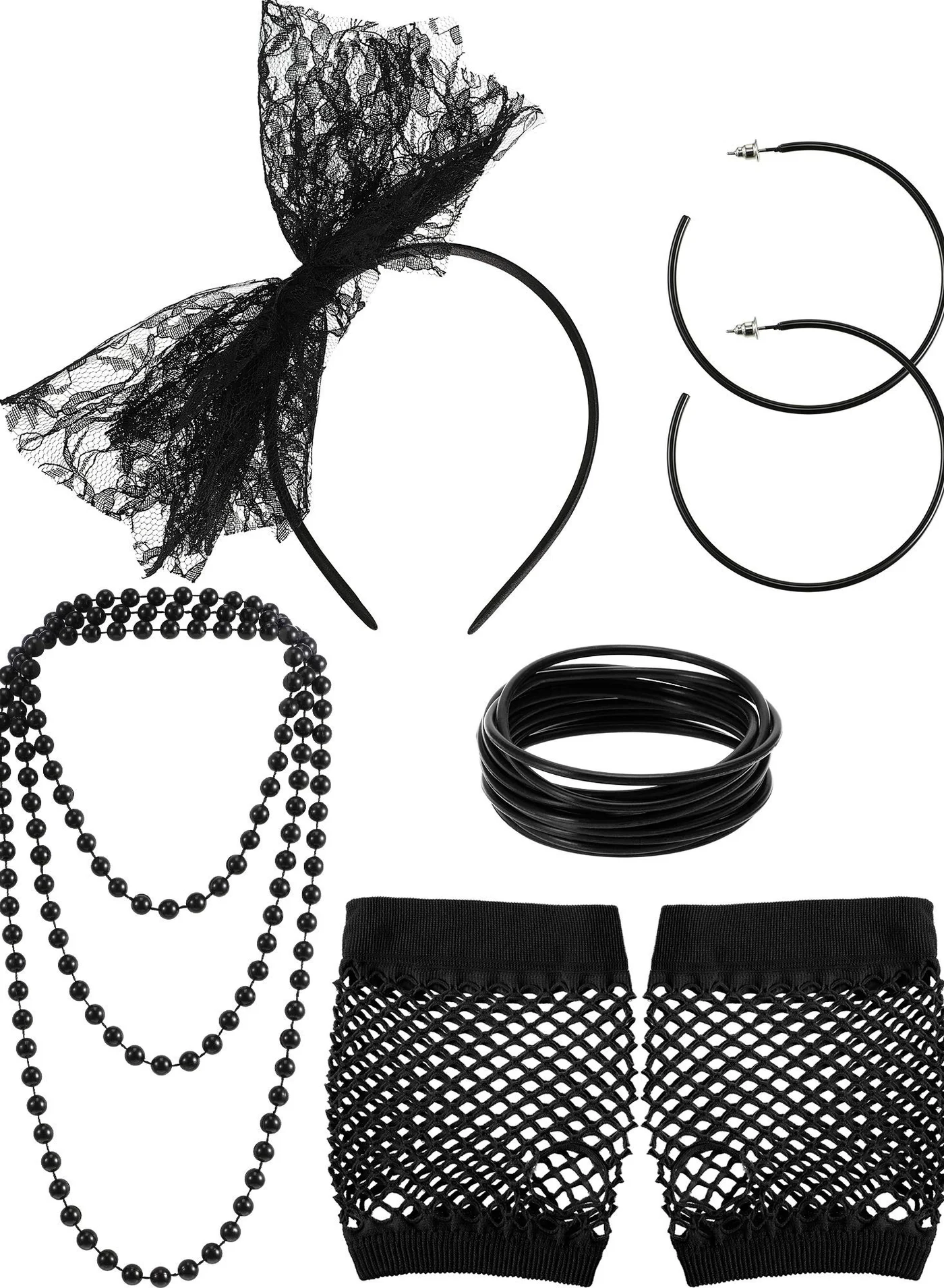 Barakah 80s Retro Costume Accessory Set Lace Headband Fishnet Gloves Jewelry Kit (Black, One Size) 5qxdg