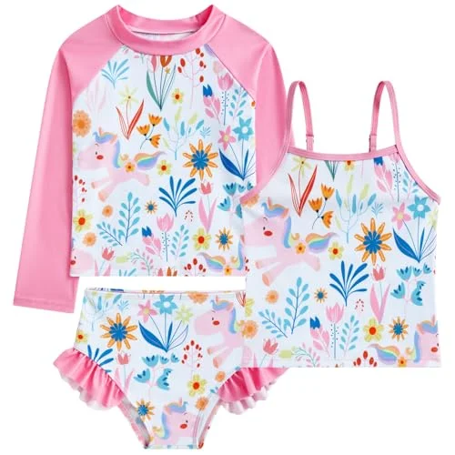 Swimsobo Girls Rash Guard Swimwear Set Long Sleeve Unicorn Print Bathing Suit with Shorts (Pink, 5 Years) k7n8l