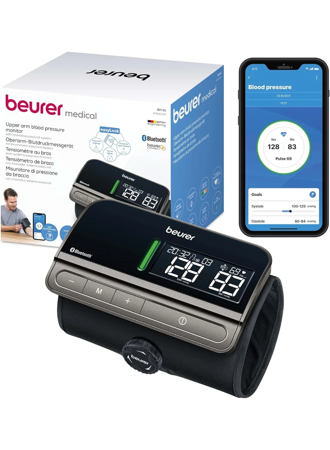 Premium Upper Arm Blood Pressure Monitor Fully Automatic Digital Device with Bluetooth and Large LED Display (1 Unit) aysl5