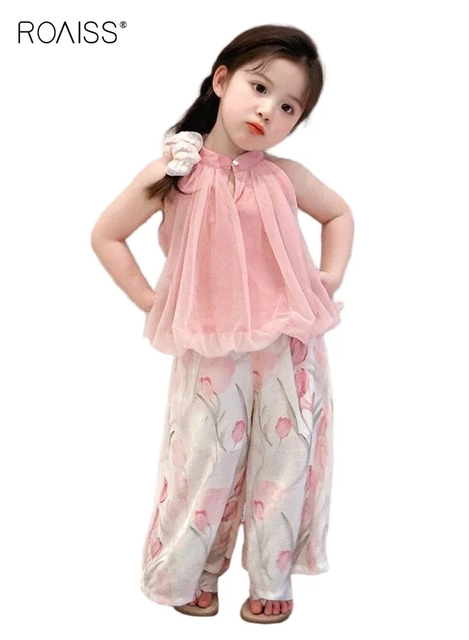 Roaiss Girls Summer Floral Camisole and Wide Leg Pants Set (2-Piece Outfit, Kids) r040a