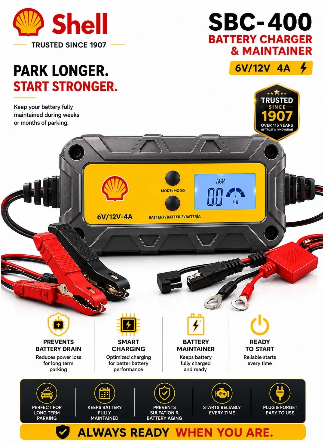 Shell Smart Battery Charger & Maintainer 6V/12V 4A (IP65 Waterproof LCD Trickle Charger for Car Motorcycle and Marine) z1rn0