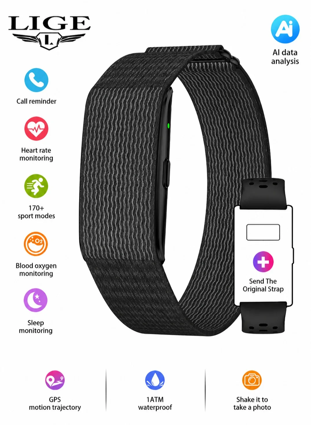 LIGE Smart Fitness Tracker for Men, Lightweight Activity Monitor with Arabic Language Support (Black, 1 Unit) puxqq