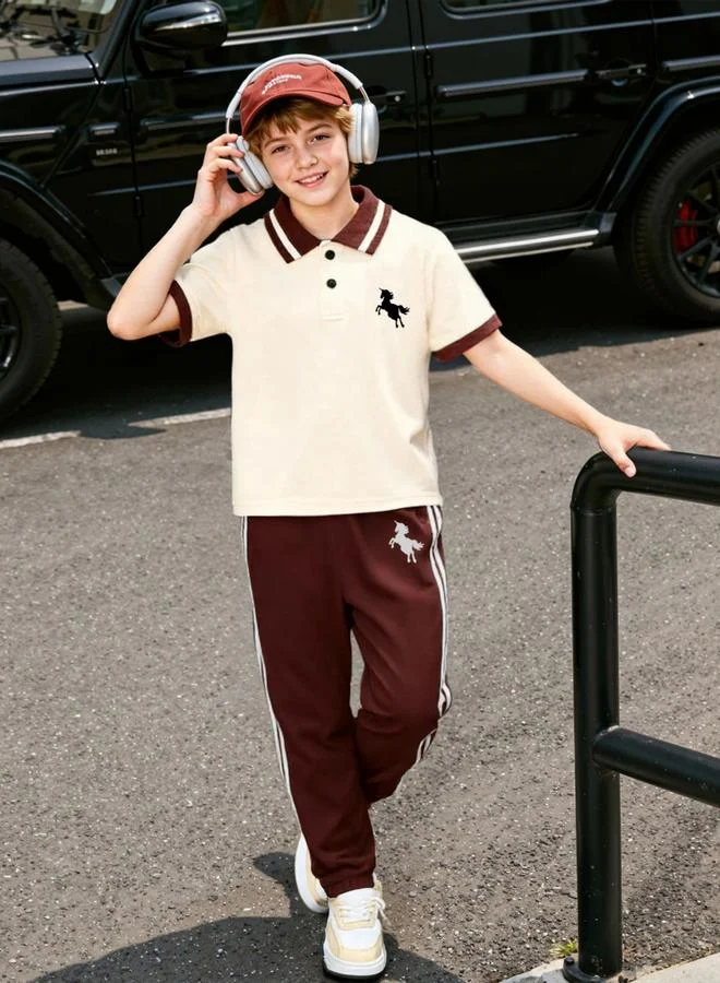Take Two Boys Color Block Polo T-Shirt And Pants Set (Premium Cotton, Kids Casual Outfit) 3bu0l