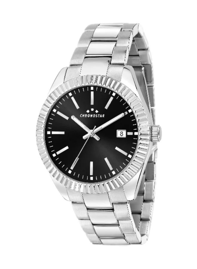 Chronostar Men's Analog Quartz Watch with Silver Stainless Steel Band (Black Dial, 41mm) krzry