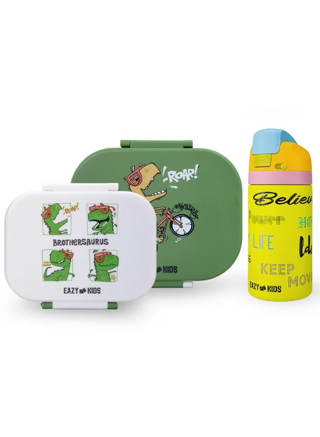 Eazy Kids Bento Lunch Box Set (2-Piece) with Stainless Steel Water Bottle (445 mL) - Dino Green 9sck9