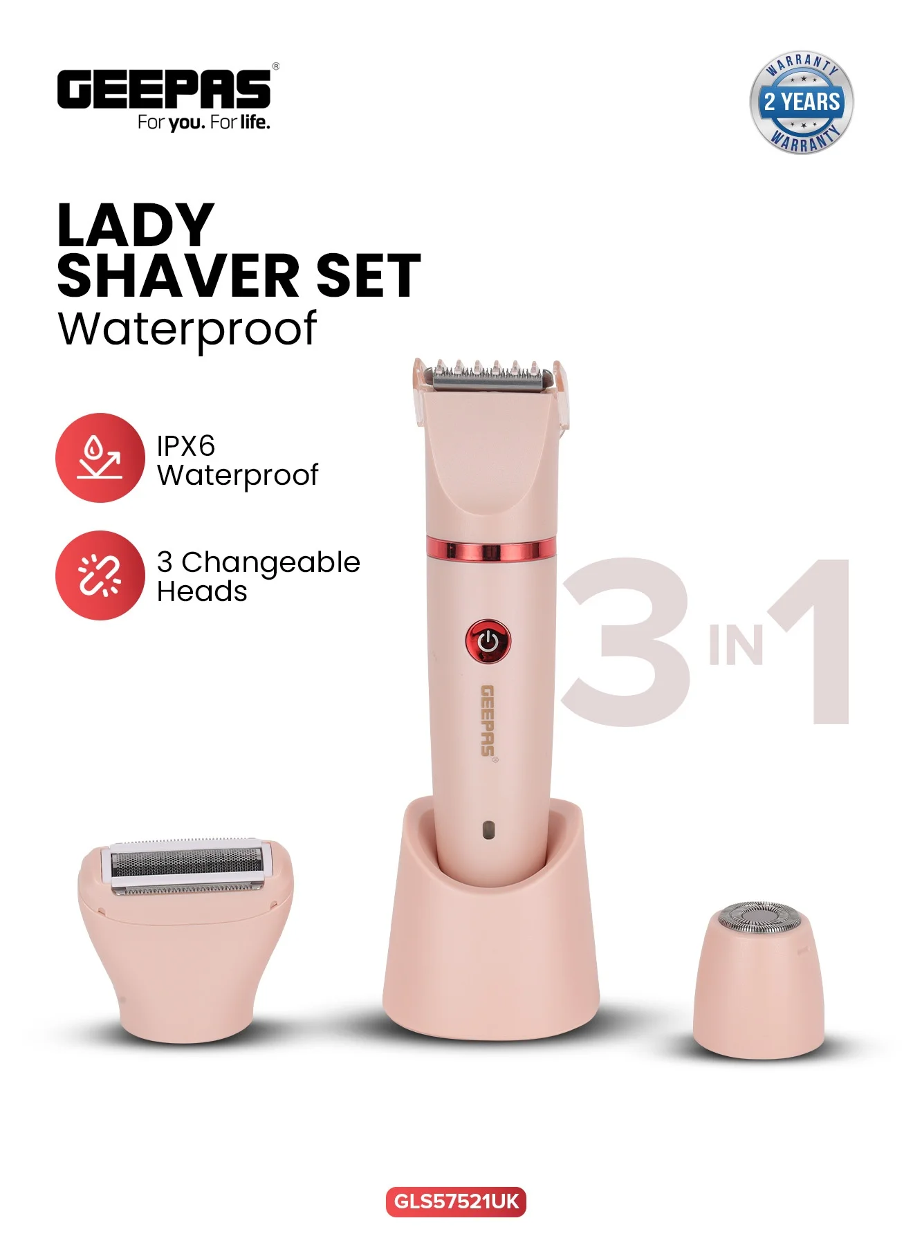 Geepas 3-in-1 Waterproof Lady Shaver Set with LED Indicator and 3 Changeable Heads (For Women) m9dp4