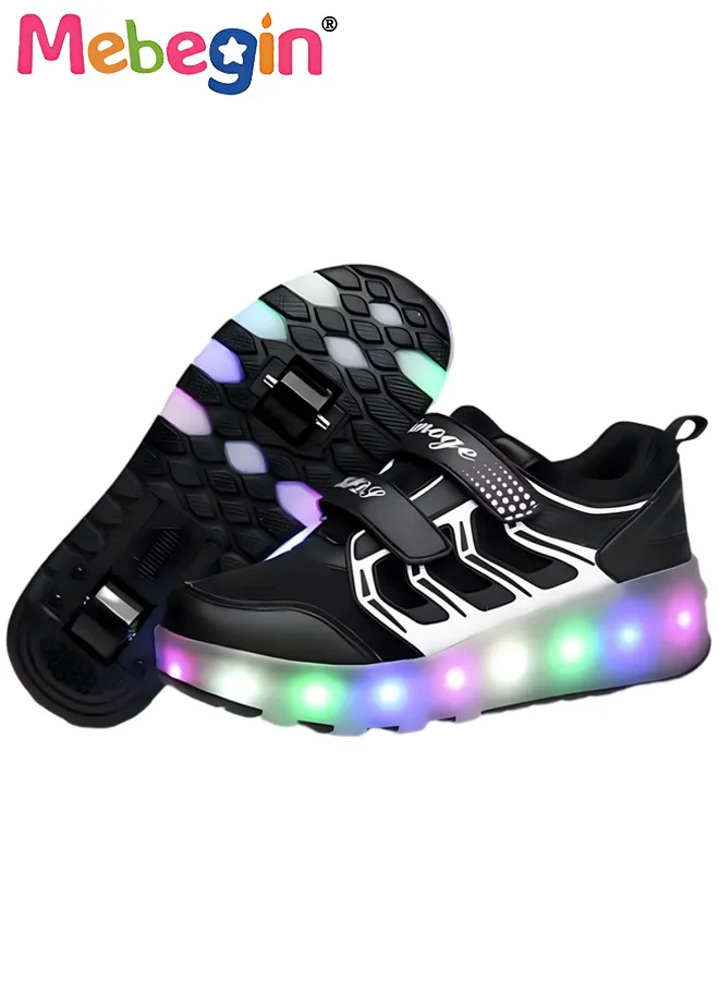 MEBEGIN Retractable Roller Shoes with LED Lights Premium PU Leather Skate Sneakers for Kids (Black, Size 33) 0klry