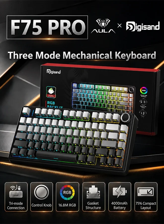 AULA F75 PRO Mechanical Gaming Keyboard 75% Layout Hot Swappable RGB Backlit Wireless Keyboard with Knob and PBT Keycaps (Gradient Black) hrkgh