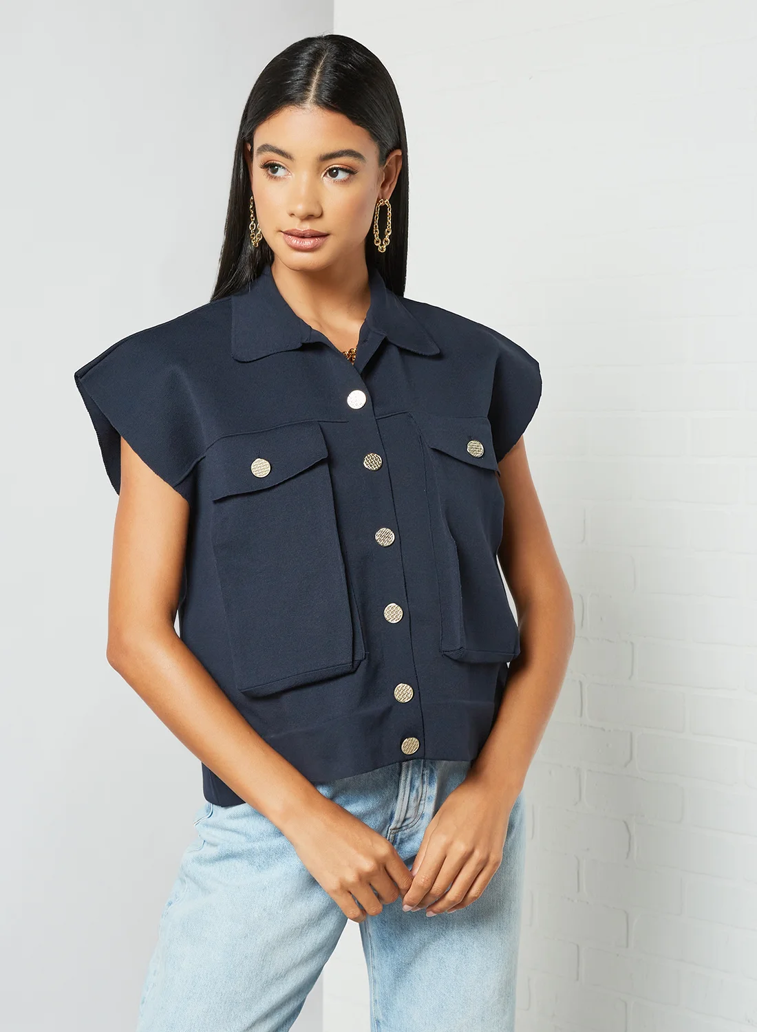 MANGO Button Down Waistcoat Navy Premium Polyester Sleeveless Vest for Women (Size M) 0qmf5
