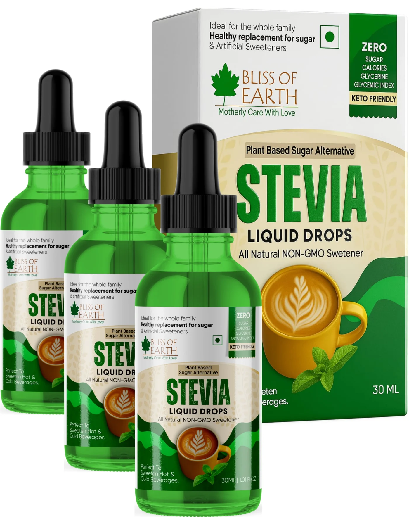 Bliss of Earth Liquid Stevia Drops Natural Sweetener (Pack of 3, 90 mL) kpz3c