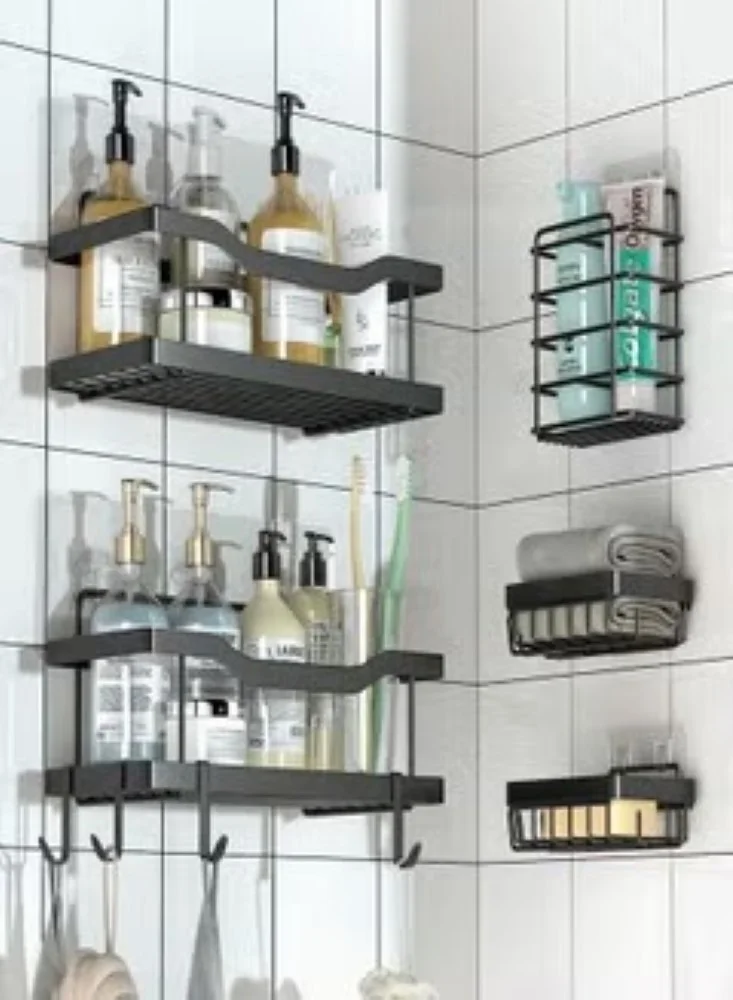 Kutis Shower Storage Rack Adhesive Bathroom Organizer (5 Pack, Black) Rustproof Stainless Steel Shelf with 4 Hooks for Shower Wall Organization 70c94