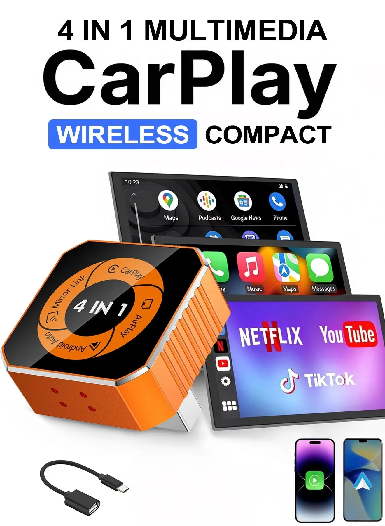 KORAX 4-in-1 Wireless CarPlay and Android Auto Adapter with Video Streaming and Bluetooth 5.3 (USB-C and USB Port) 32n8v