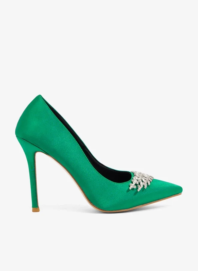 Khizana Satin Stiletto Pumps with Winged Encrusted Buckle (Green, 38 EU) 3sh94