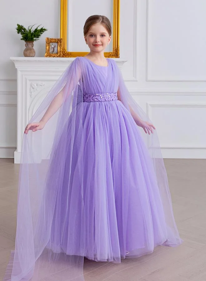 Take Two Girls Bow Detail Deep V Back Mesh Cape Party Dress (Elegant Formal Wear for Kids) i6h0z