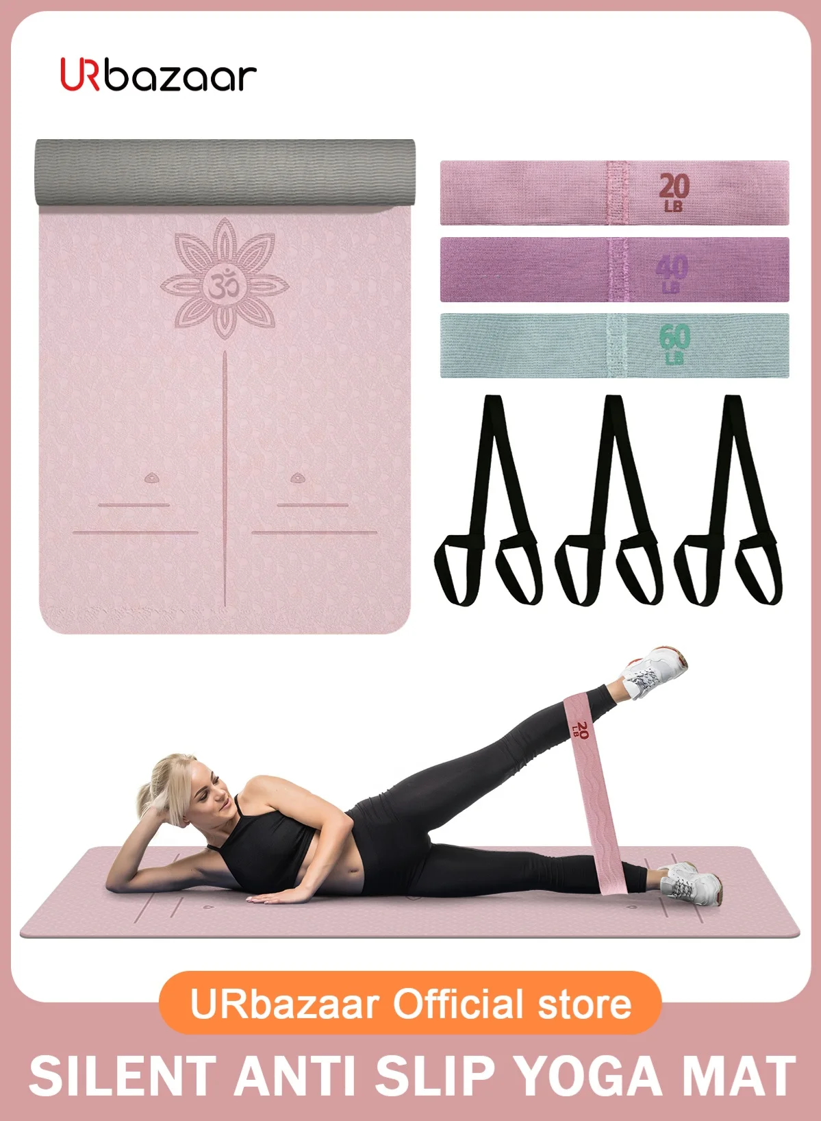 URbazaar Yoga Mat Set with Resistance Band for Pilates and Fitness (Pink, 183 cm x 61 cm) z3nvh