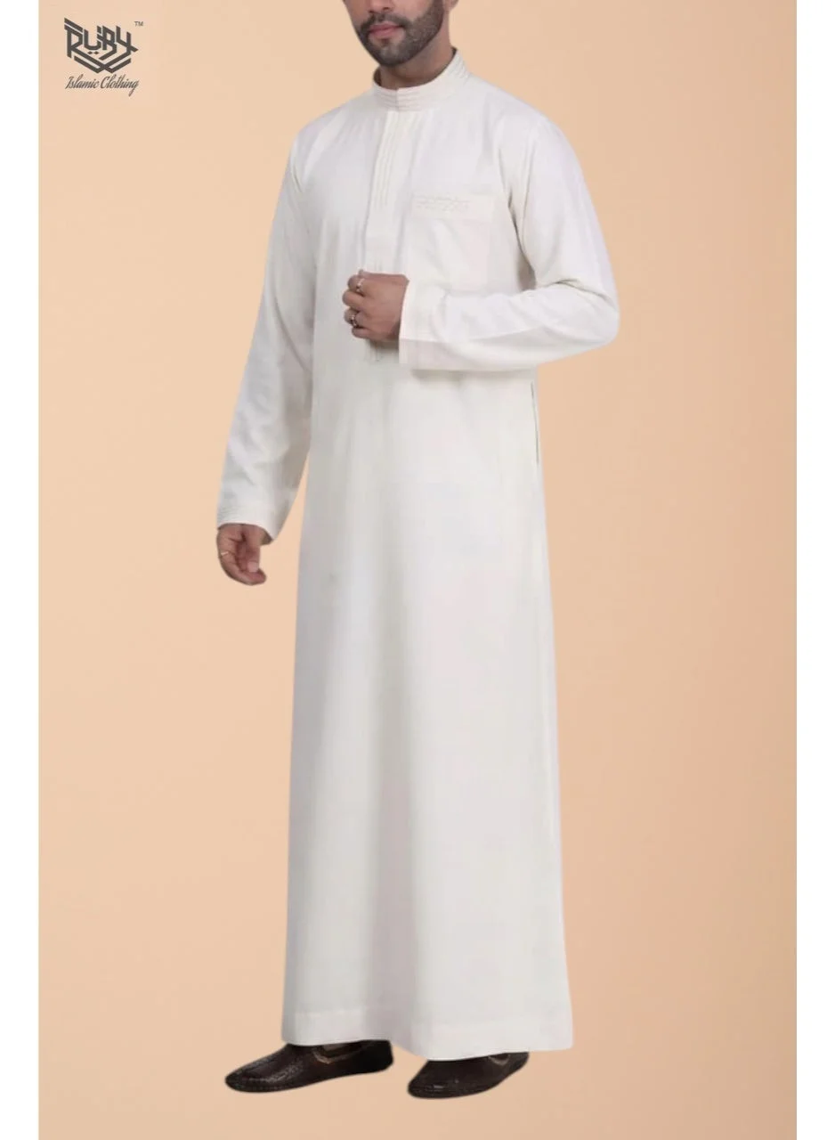 RUBY ISLAMIC CLOTHING Premium Saudi Thobe with Elegant Embroidery (Off White, Slim Fit) jm5ko