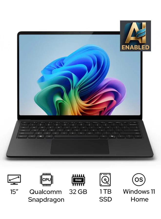 Premium 15-Inch Copilot+ Laptop, Qualcomm Snapdragon X Elite, 32GB RAM, 1TB SSD, Windows 11 Home, English/Arabic Keyboard (Black) 09e2b