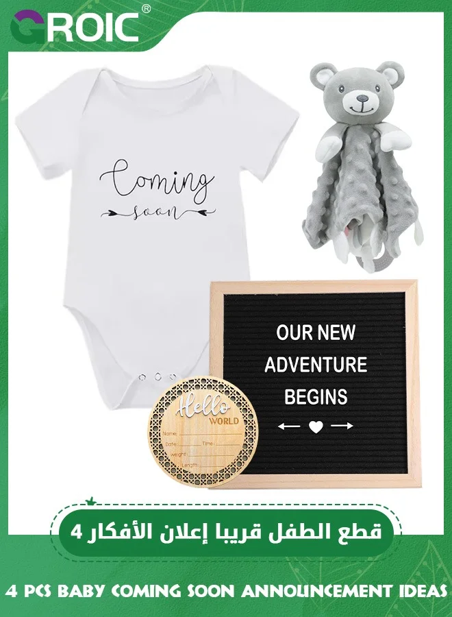 GROIC Baby Pregnancy Announcement Set (4-Piece Gift Bundle) - Felt Letter Board, Wooden Sign, Baby Onesie, and Security Blanket for Gender Reveal 9798h
