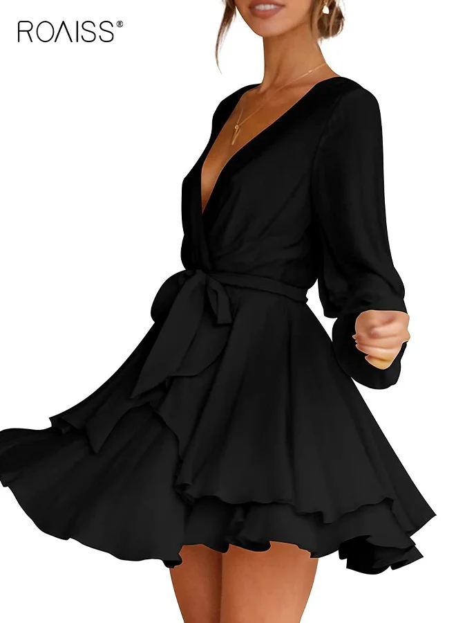 Roaiss Women's Long Sleeve Wrap Dress Deep V-Neck Ruffle Mini Skater Dress (Black, One Size) hhwlv