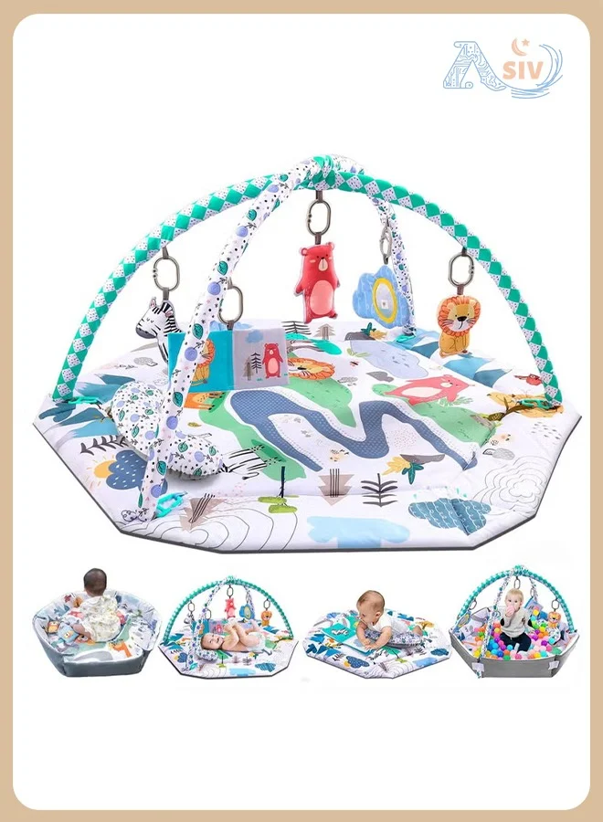 ASIV 10-in-1 Baby Gym Activity Play Mat and Ball Pit with Sensory Toys and Tummy Time Pillow for Infants (Multicolor, 90 cm x 90 cm) 3scyy