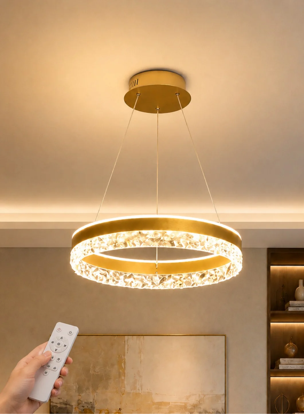 AL THURAYAT Modern LED Ceiling Chandelier Gold Crystal Light Fixture with Remote Control (50cm) 87r95