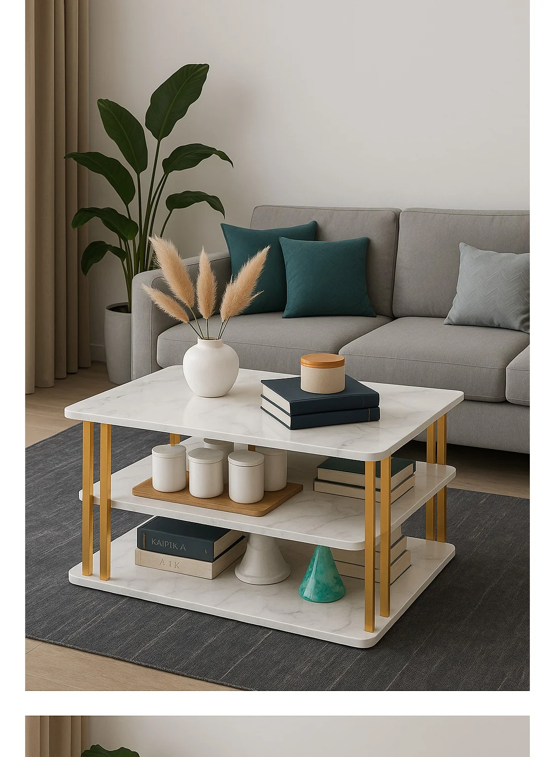 Modern 3-Tier Coffee Table with Storage - Wooden Tea Table with Metal Frame for Living Room and Office (White, 100 cm) kesdi